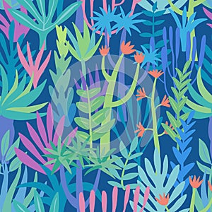 Seamless flora pattern. Fancy drawn cartoon vegetation