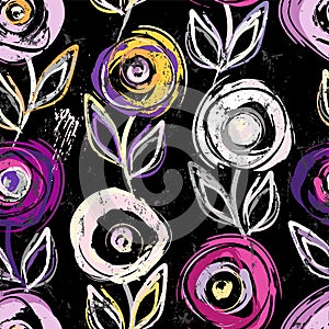 Seamless floral abstract background pattern, with circles, paint strokes and splashes