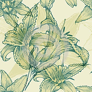 Seamless floral background with blooming lilies, h