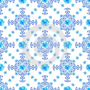 Seamless floral background. blue flowers and lace orna