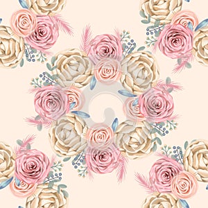 Seamless floral background. Digital watercolor pattern with climbing roses. Shabby chic style.