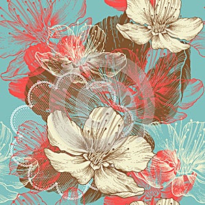 Seamless floral background with flowers apple, han