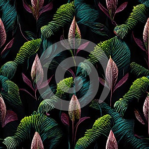 Seamless floral background. Gobelin Fabric with shimmering opalescent green leaves. Dark wallpaper background, AI generative