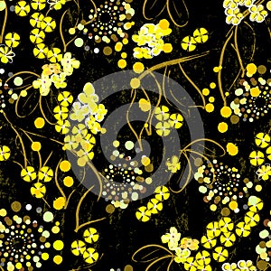 Seamless floral background pattern, with flowers, leaves, circles, paint strokes and splashes