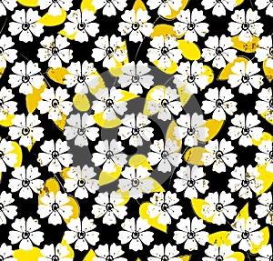Seamless floral background pattern, with flowers, leaves, paint strokes and splashes