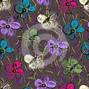 Seamless floral background pattern, with flowers, lines, paint strokes and splashes