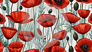 seamless floral background, red poppies