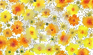 Seamless floral background with watercolo orange yellow flowers
