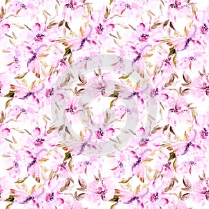 Seamless floral background. Watercolor peony flowers painting. Floral repeat pattern. Soft pink flowers fabric ornament.