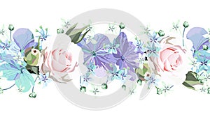 Seamless Floral border with softness roses and purple flowers and small light blue florets on white background. Isolated Ornate