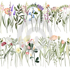 Seamless floral border of watercolor meadow plants and wildflowers