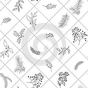 Seamless floral Christmas pattern with square lined black tree branches, fir cones, berries, leaves on white background
