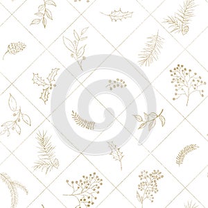 Seamless floral Christmas pattern with square lined gold tree branches, fir cones, berries, leaves on white background