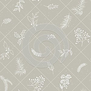 Seamless floral Christmas pattern with square lined white tree branches, fir cones, berries, leaves on beige background