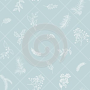 Seamless floral Christmas pattern with square lined white tree branches, fir cones, berries, leaves on blue background