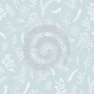 Seamless floral Christmas pattern with white tree branches, fir cones, berries, leaves on blue background