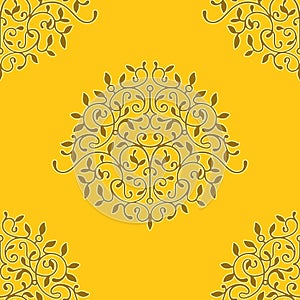 Seamless floral classic pattern. Yellow ornamental background.