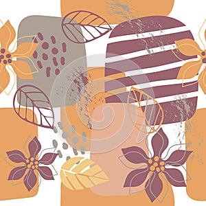 Seamless floral collage pattern with stylized flowers, leaves, abstract shapes on white background. Vector illustration.