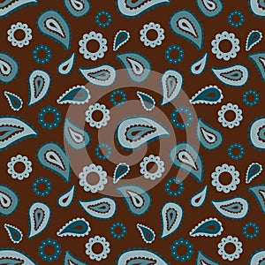 Seamless floral colored pattern with blue plants, flowers and leaves on brown or black background. Ethnic oriental print with cucu