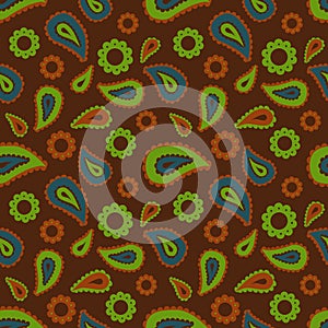 Seamless floral colored pattern with green, blue, brown and orange plants, flowers and leaves on brown or black background. Ethnic