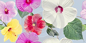 Seamless floral design with hibiscus flowers for background, Endless pattern.Watercolor illustration