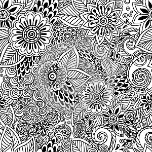 Seamless floral doodle black and white background