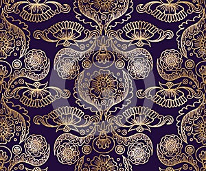 Seamless floral folk pattern with gold glitter flowers on violet background