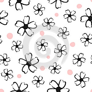 Seamless floral grunge pattern. Repeated flowers and round spots. Drawn by hand rough brush. Sketch, ink, graffiti.