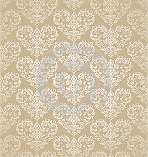 Seamless floral hearts golden damask wallpaper