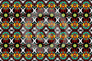 seamless floral, ikat work, geometric shapes, Indian tribal pattern, red black white blue yellow