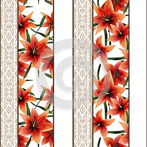 Seamless floral lace pattern with orange lilly flowers background