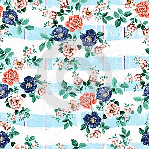 Seamless Floral and Leaves Pattern on Striped Background Ready for Textile Prints.