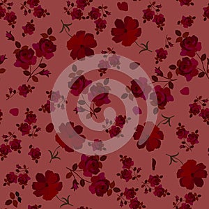 Seamless floral ornament with garden flowers in burgundy color on a pink background. Delightful fabric for dress, blouse.