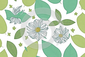 Seamless floral ornament with magnolias background. Seamless flat painting. Beautiful tribal generative ai art background