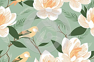 Seamless floral ornament with magnolias background. Seamless flat painting. Beautiful tribal generative ai art background