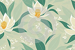 Seamless floral ornament with magnolias background. Seamless flat painting. Beautiful tribal generative ai art background