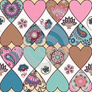 Seamless floral patchwork pattern with hearts and mandalas background. Vector