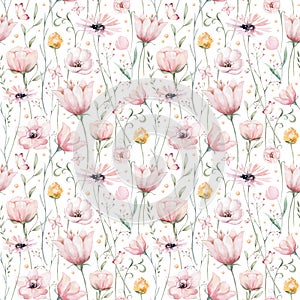 Seamless floral pattern with abstract blue pink flowers and leaves. Watercolor colorful print in rustic vintage style, textile or