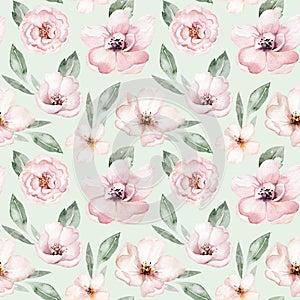 Seamless floral pattern with abstract blue pink flowers and leaves. Watercolor colorful print in rustic vintage style, textile or