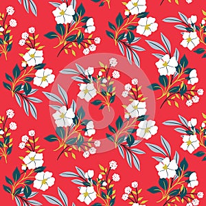 Seamless floral pattern, abstract ditsy print with a winter motif : flowers, leaves, bouquets on red. Vector.