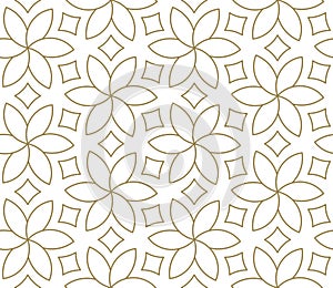 Seamless floral pattern with abstract geometric line texture, gold on white background. Light modern simple wallpaper