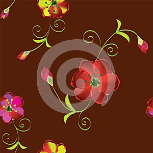 Seamless floral pattern with abstract red rose , buds,curls on brown background