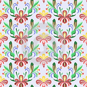 Seamless floral pattern art deco boho ornament with decretive abstract flowers and leaves.