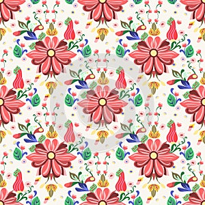 Seamless floral pattern art deco boho ornament with decretive abstract flowers and leaves.