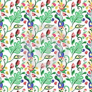 Seamless floral pattern art deco boho ornament with decretive abstract flowers and leaves.