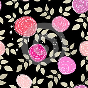 Seamless floral pattern background, with abstract roses, paint strokes and splashes