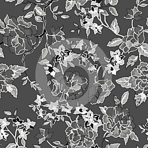 seamless floral pattern background for fabric print. Black white illustration. Gray flowers leaves vector design for women dress