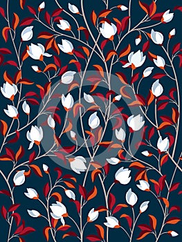 Seamless floral pattern background with magnolia flowers, branches and red leaves. Vector illustration