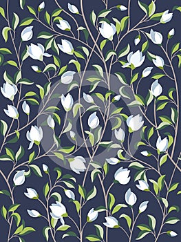 Seamless floral pattern background with magnolia flowers, spring branches. Vector illustration