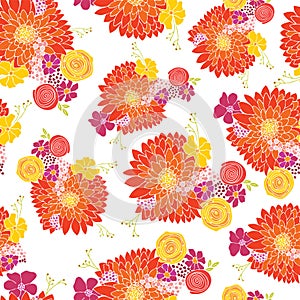 Seamless floral pattern background vector. Flower arrangements with Aster, Daisy, Petunia, and chamomile flowers. Hand drawn